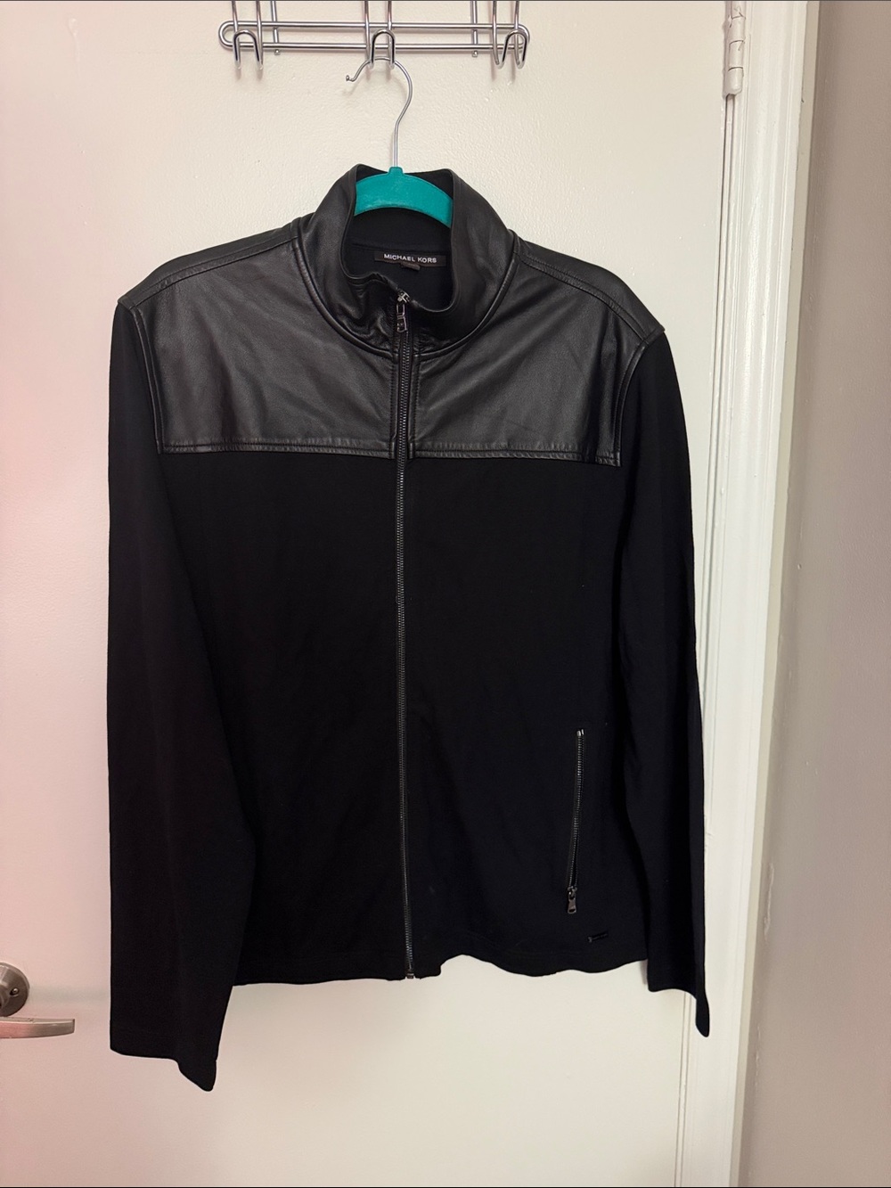 Michael Kors Black Zip-Up Bomber Jacket with Leather Yoke